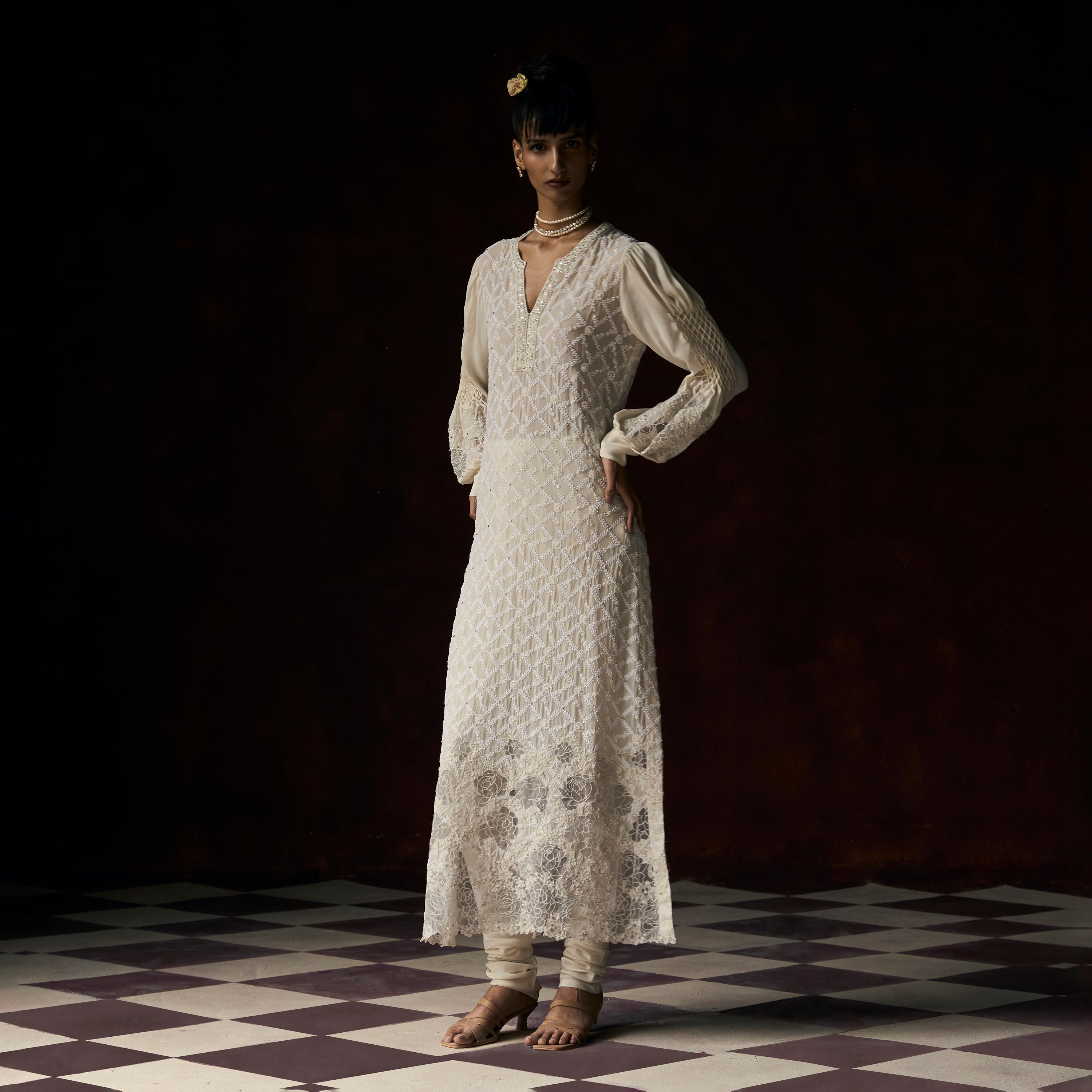 Ganga Chikankari Ivory Ultra Long Cutwork Applique Tunic