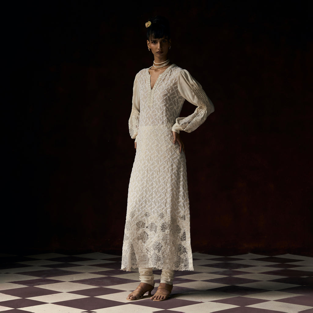 Ganga Chikankari Ivory Ultra Long Cutwork Applique Tunic