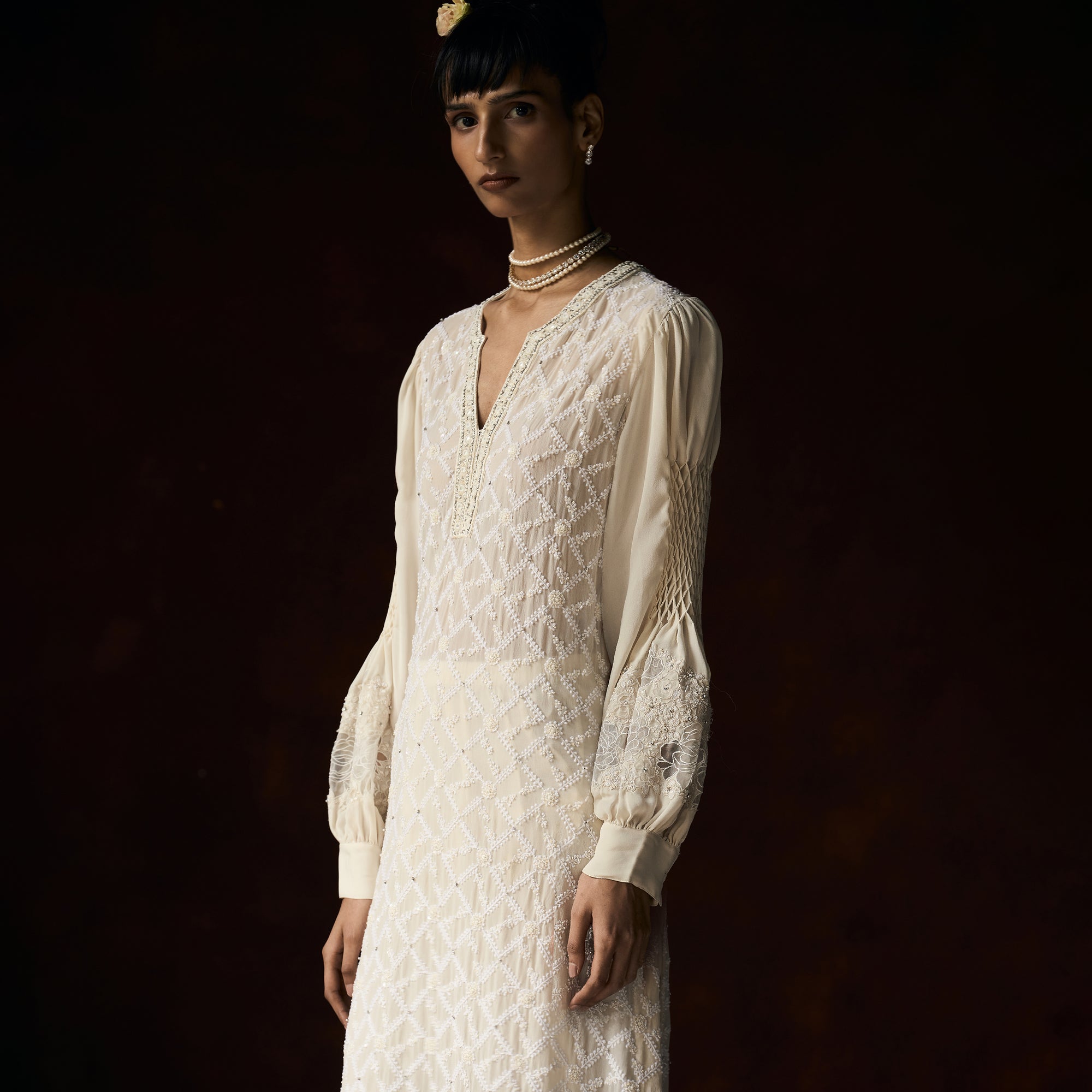 Ganga Chikankari Ivory Ultra Long Cutwork Applique Tunic