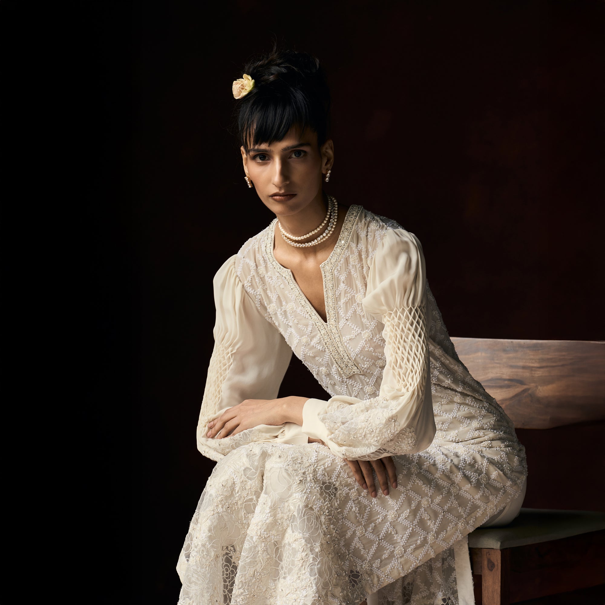 Ganga Chikankari Ivory Ultra Long Cutwork Applique Tunic