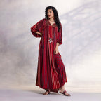 Modal satin dress with contrast print yoke detail
