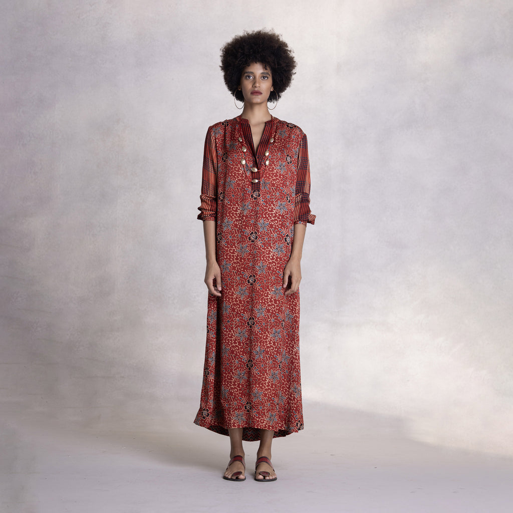 Modal satin dress with contrast print detailing
