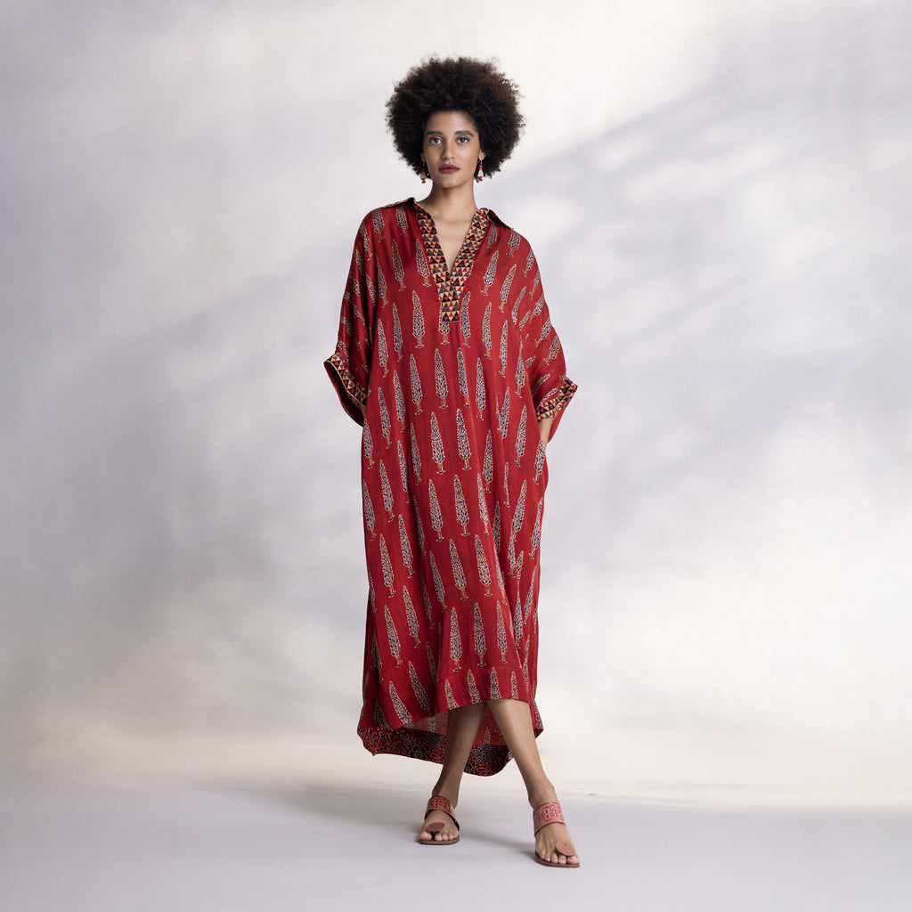 Modal satin dress with contrast print detailing
