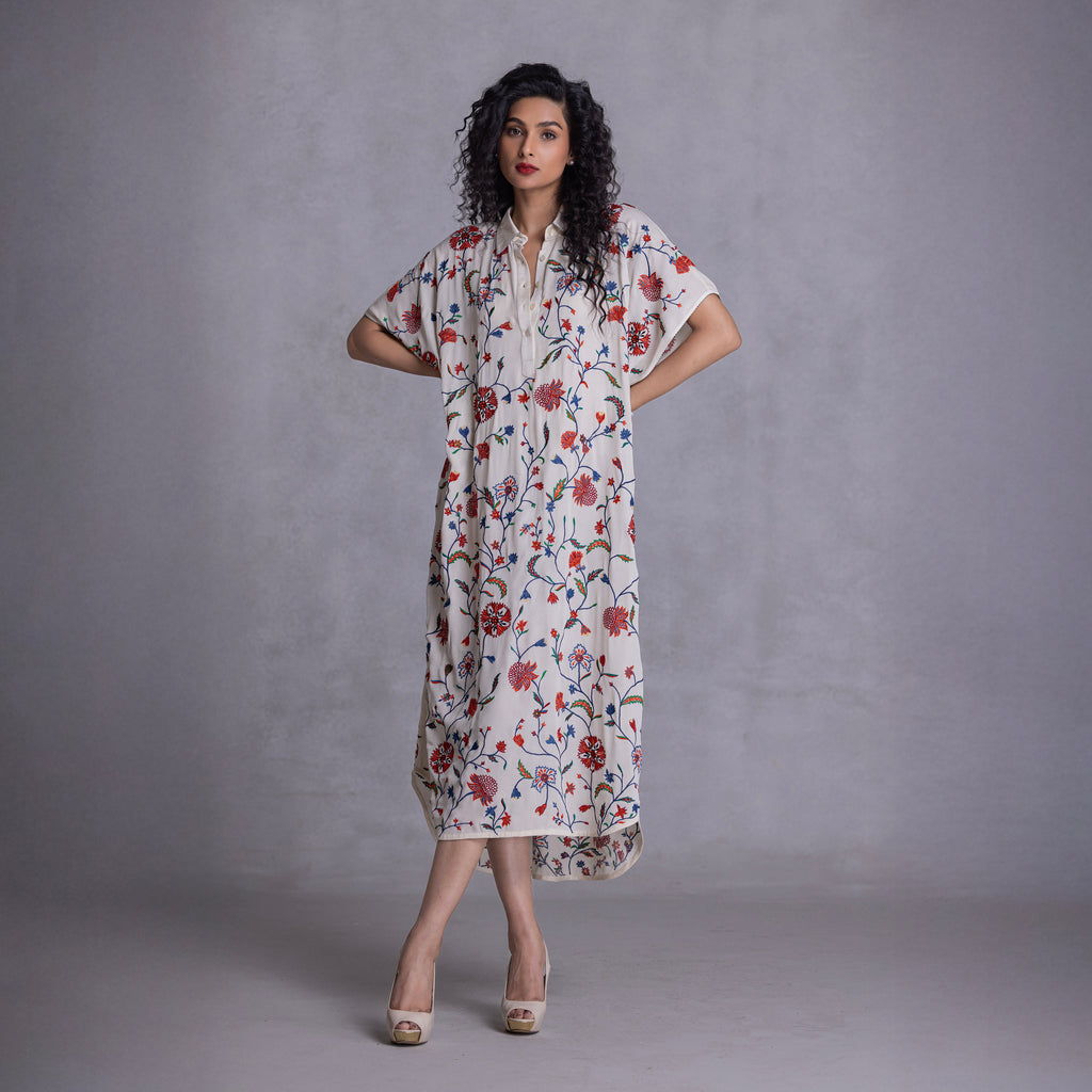 Embroidered Kimono Shirt Dress