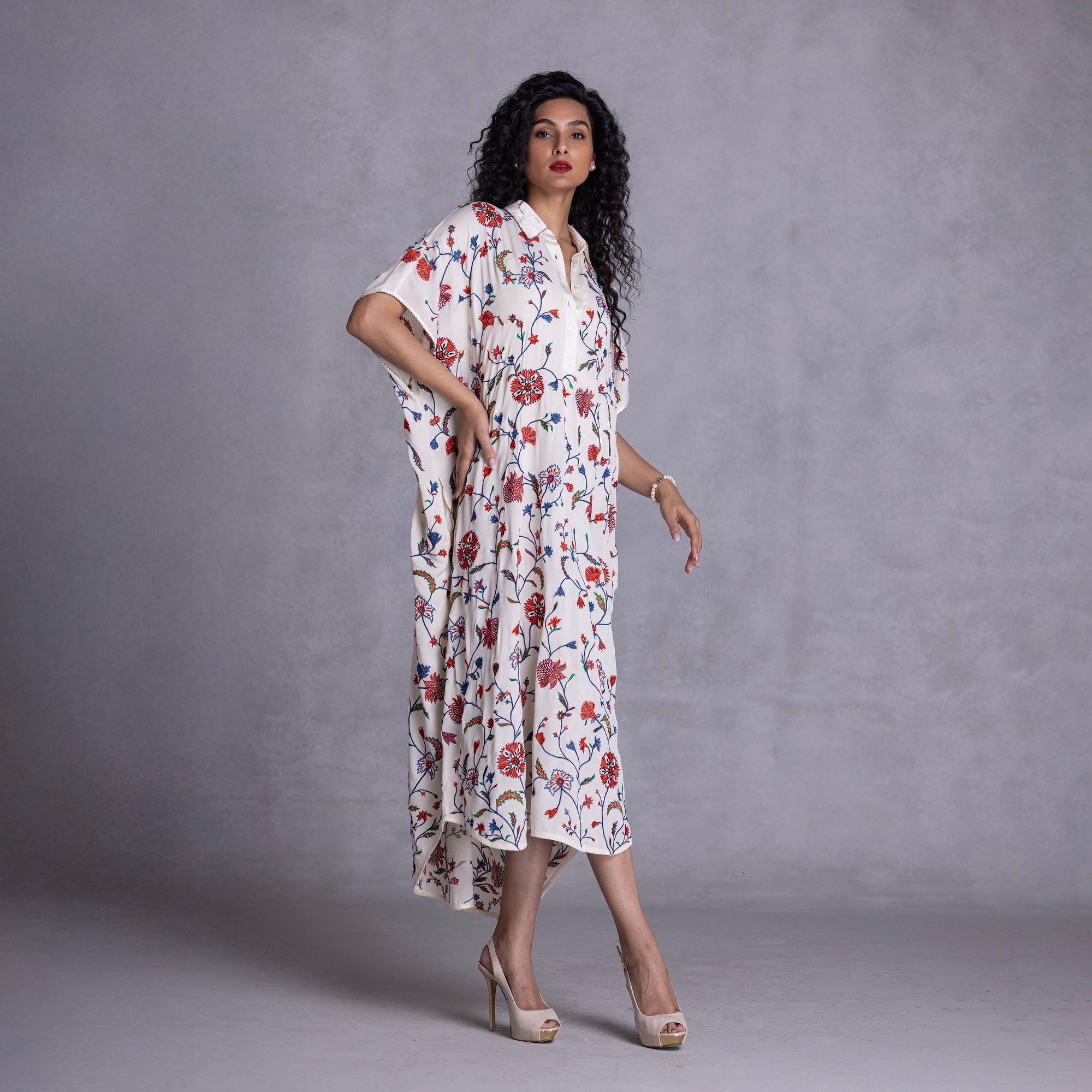 Embroidered Kimono Shirt Dress