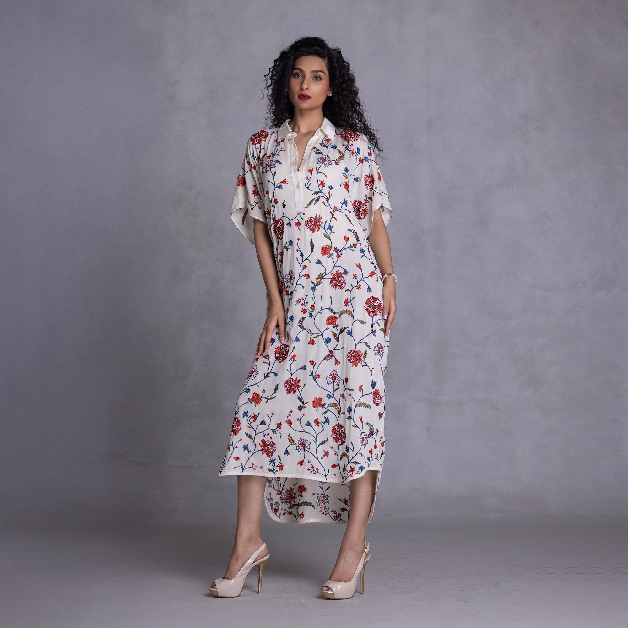 Embroidered Kimono Shirt Dress