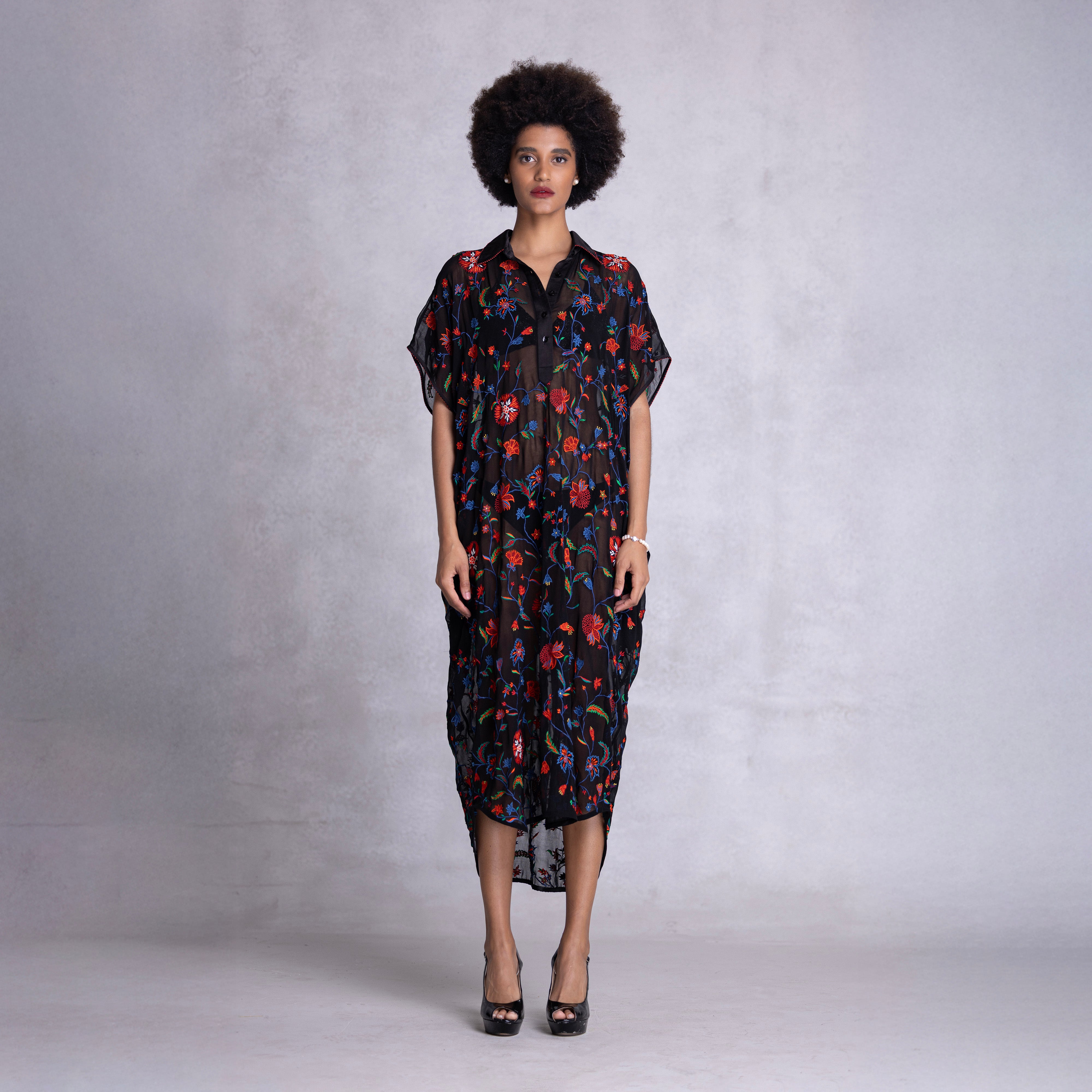 Embroidered Kimono Shirt Dress