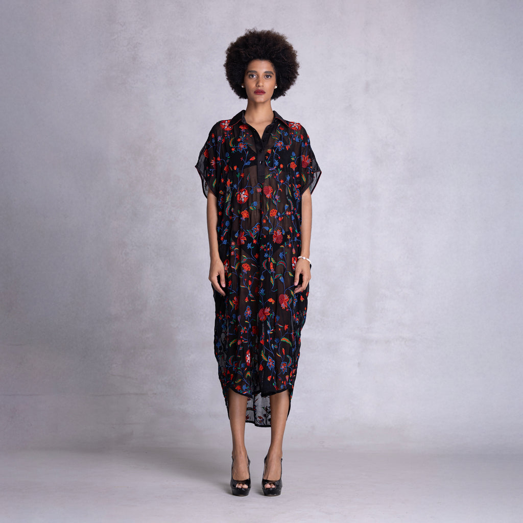 Embroidered Kimono Shirt Dress