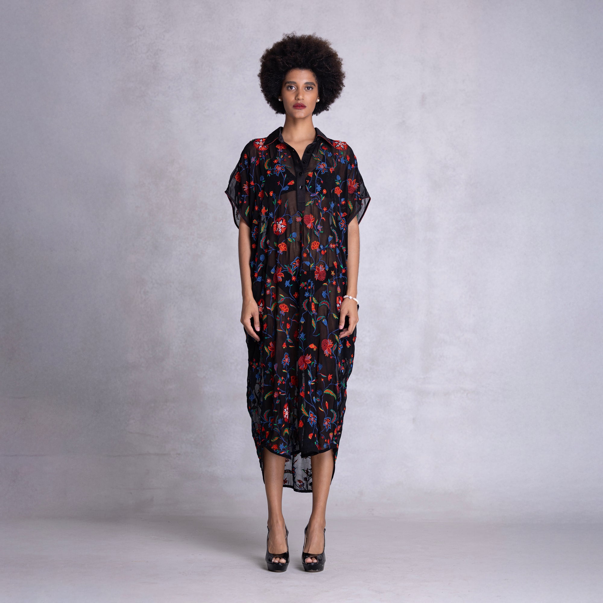Embroidered Kimono Shirt Dress