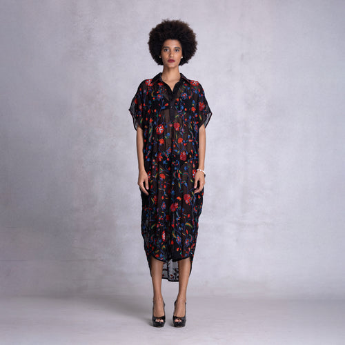 Embroidered Kimono Shirt Dress