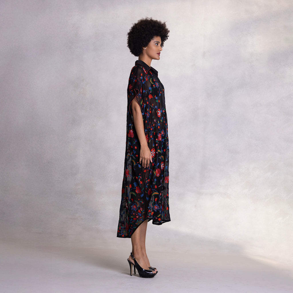 Embroidered Kimono Shirt Dress