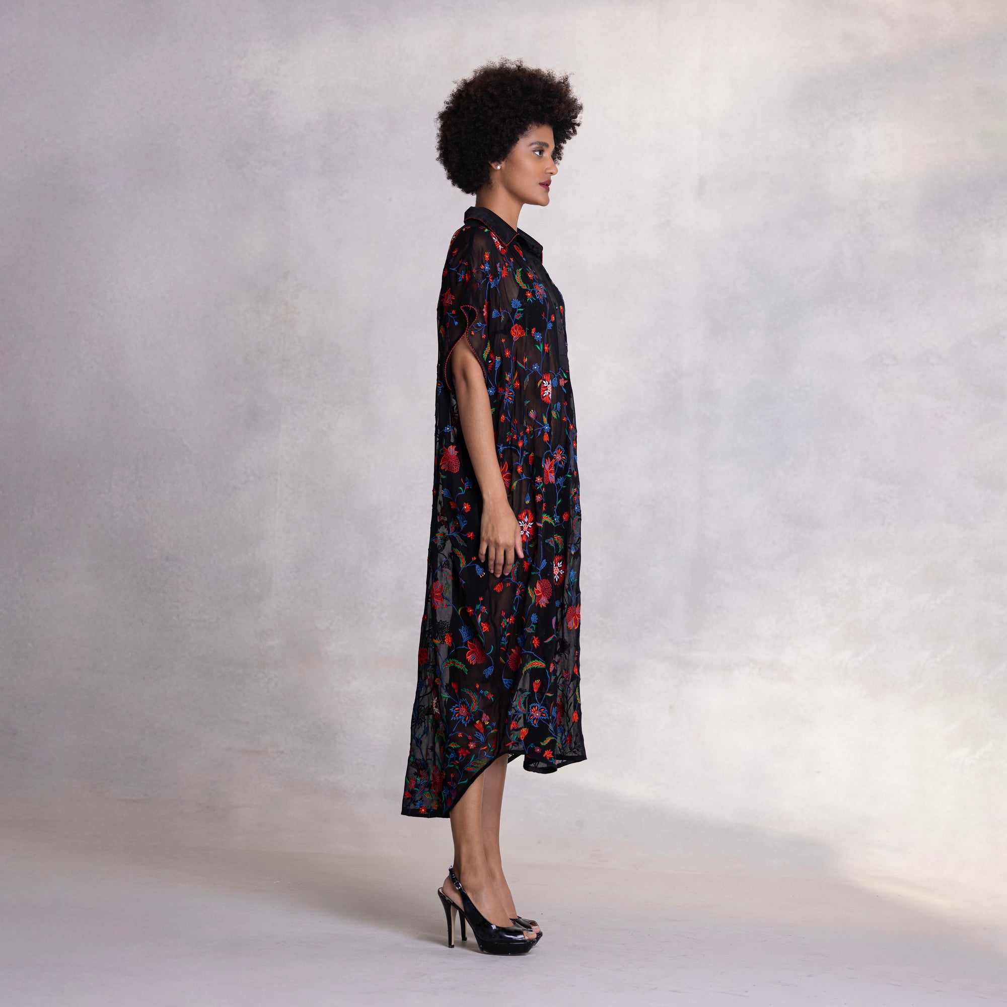 Embroidered Kimono Shirt Dress
