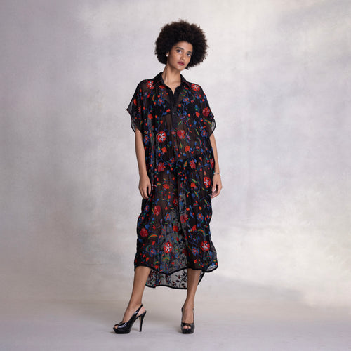 Embroidered Kimono Shirt Dress