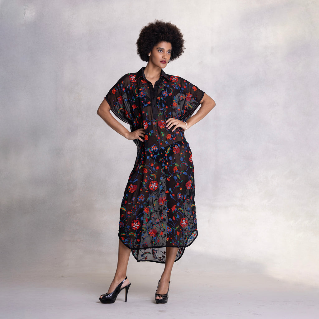 Embroidered Kimono Shirt Dress