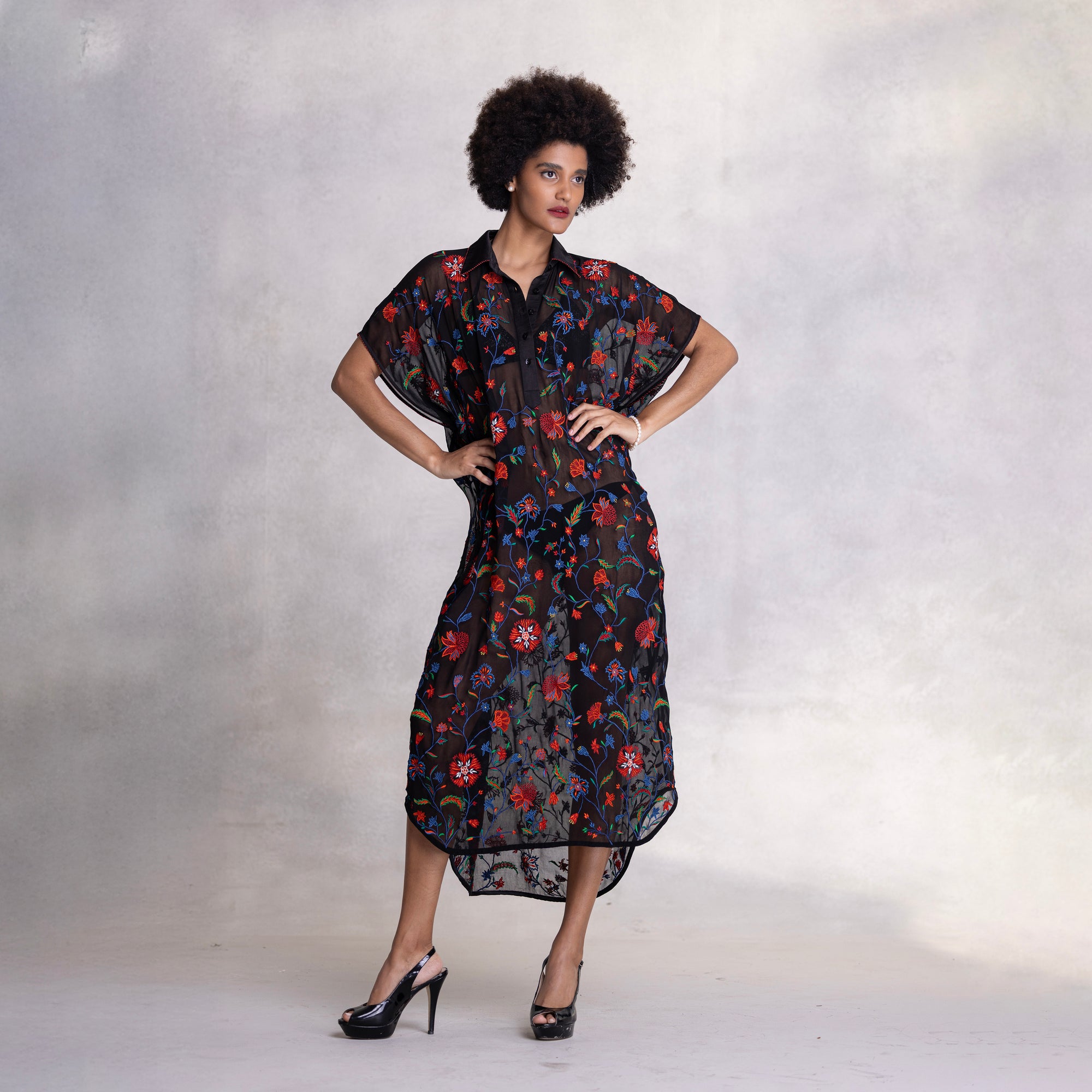 Embroidered Kimono Shirt Dress