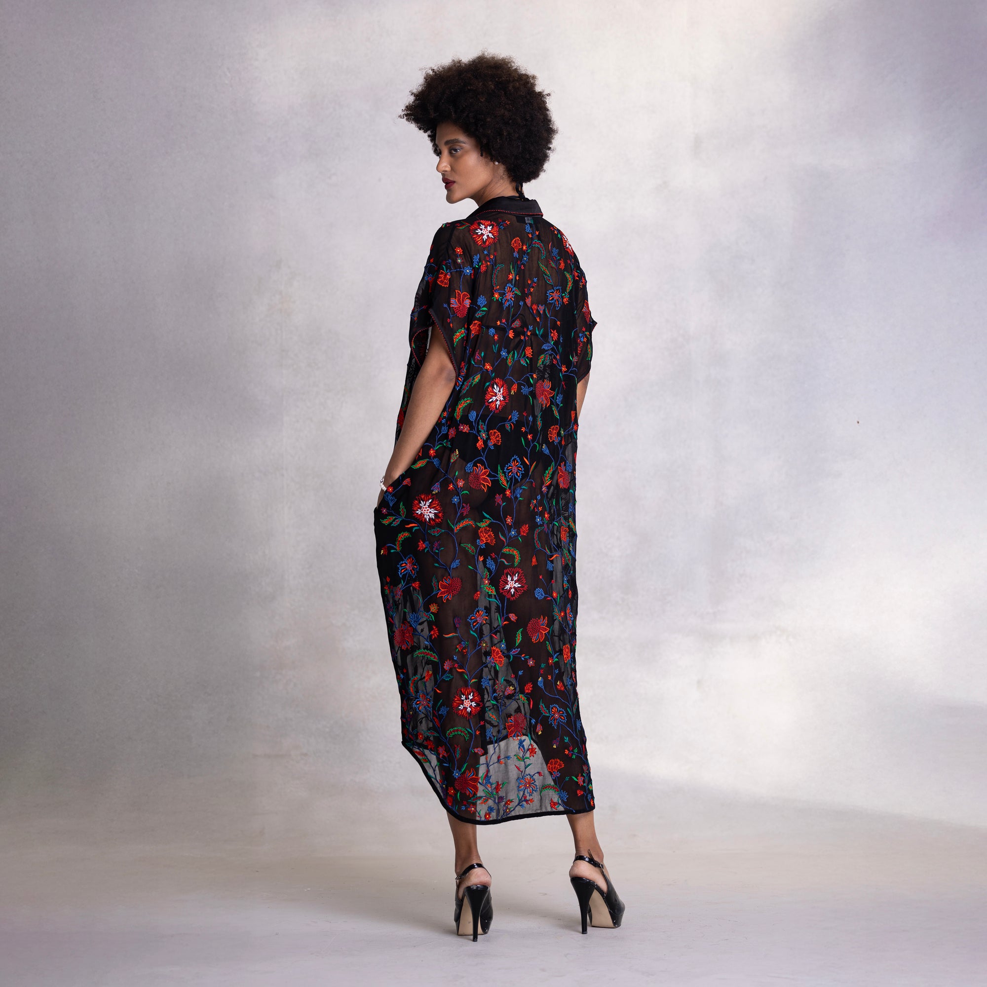 Embroidered Kimono Shirt Dress