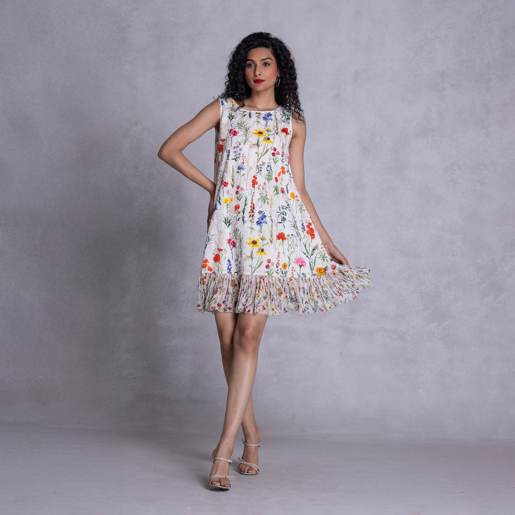 Shift dress with beaded embroidery and ruffle hem detail
