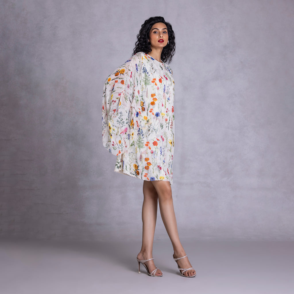 Cambric and georgette dress with shell button keyhole detail
