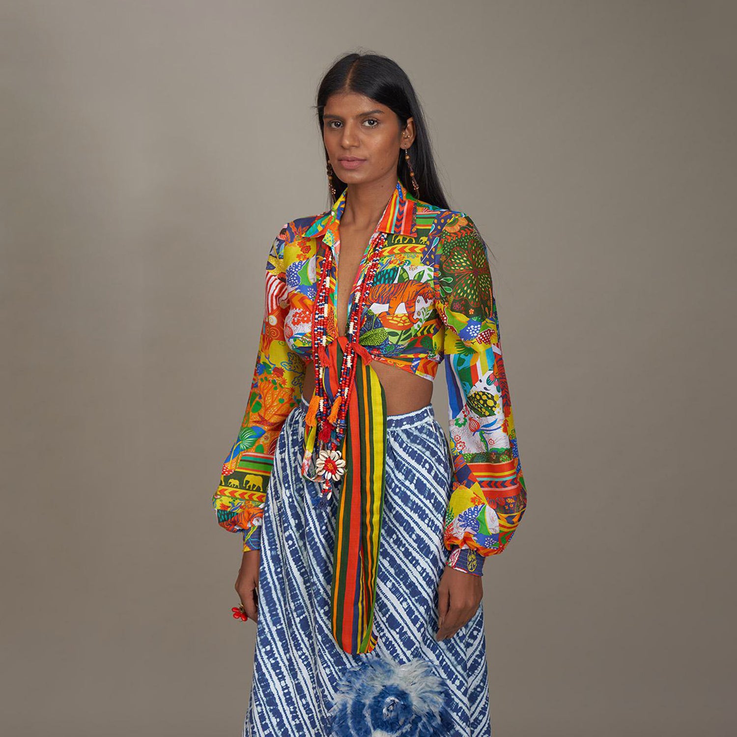 Amina Tie Up Poetess Blouse Jungle Trail Patchwork