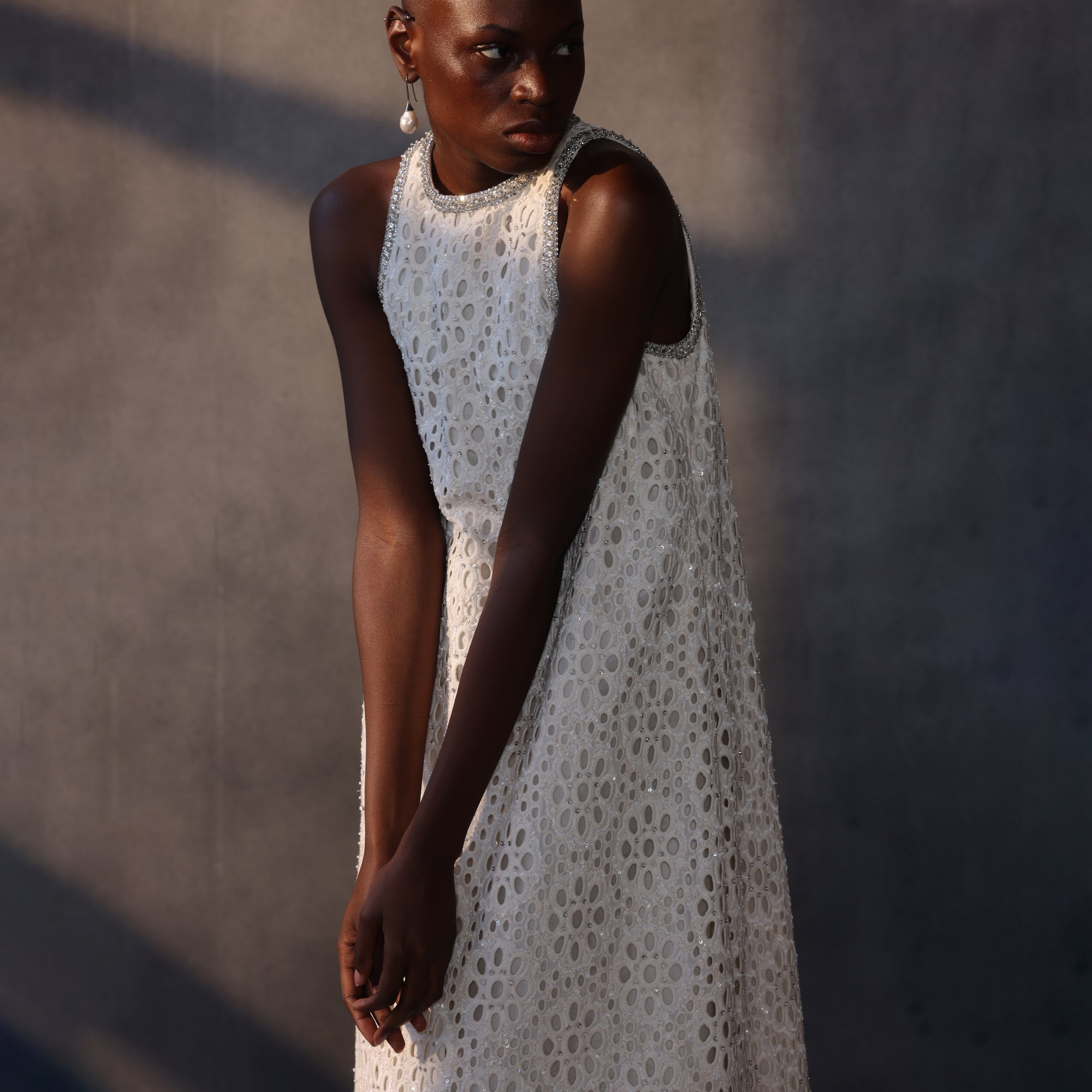 Ivory Dawn – Crystal Beaded Lace Shift Gown