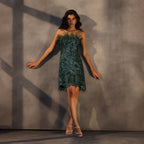 Emerald Reverie – Feathered Corset Dress