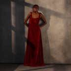 Crimson Reverie – Velvet Draped Gown