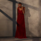 Crimson Reverie – Velvet Draped Gown