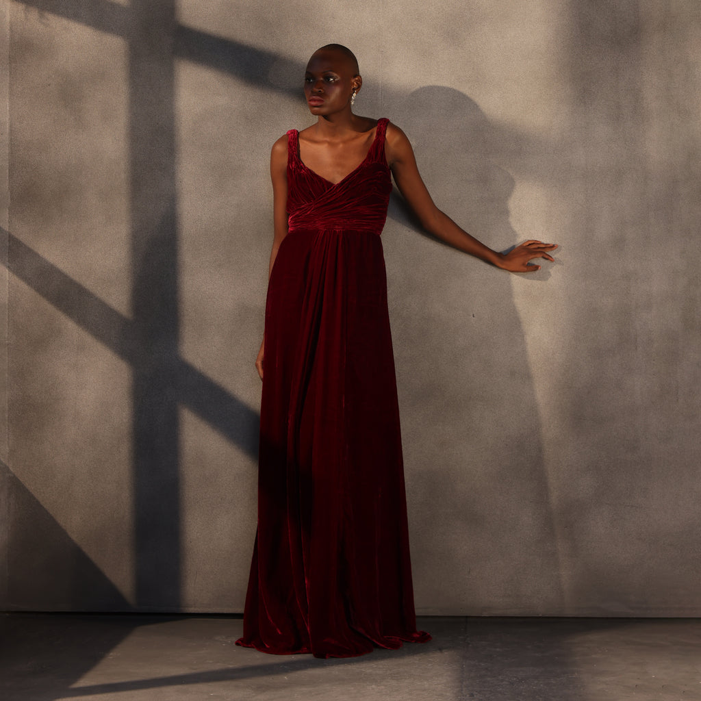Crimson Veil – Twisted Shoulder Velvet Gown