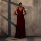 Crimson Veil – Twisted Shoulder Velvet Gown