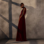 Crimson Veil – Twisted Shoulder Velvet Gown