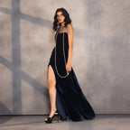 Sapphire Reverie – Velvet Draped Corset Gown