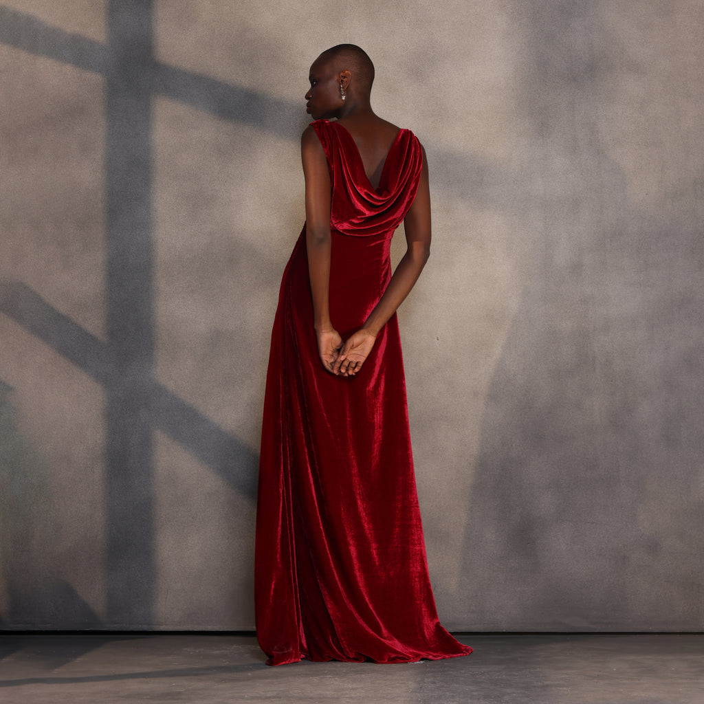Ruby Reverie – Draped Velvet Gown